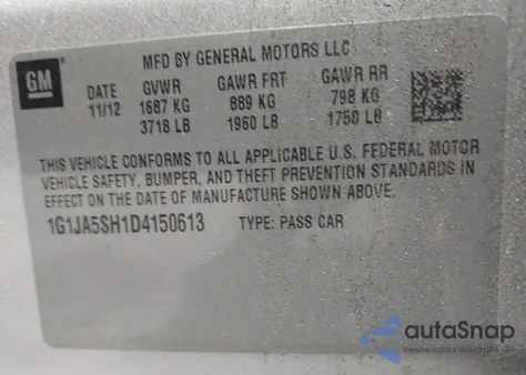 2013 Chevrolet Sonic Ls Auto from USA, damaged, VIN 1G1JA5SH1D4150613